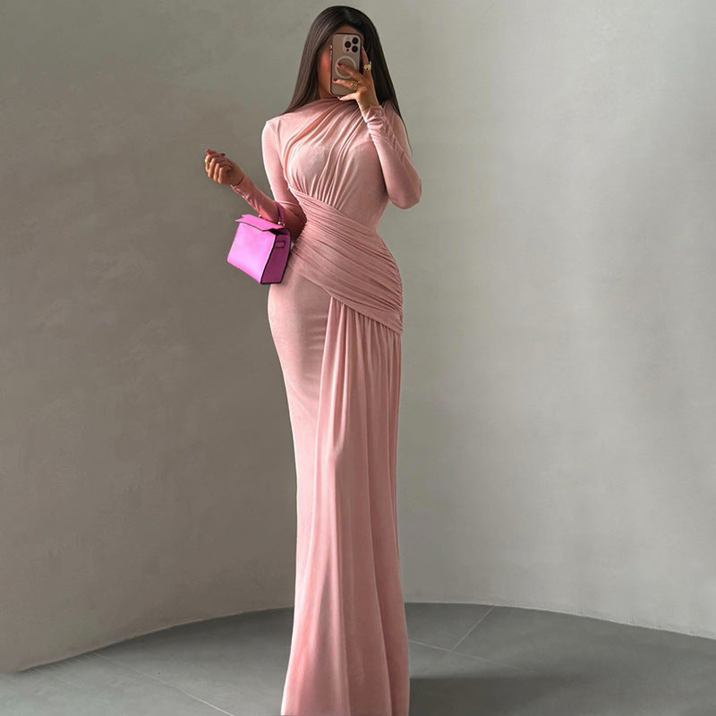 Wrinkled round neck slim fit long sleeved dress for women