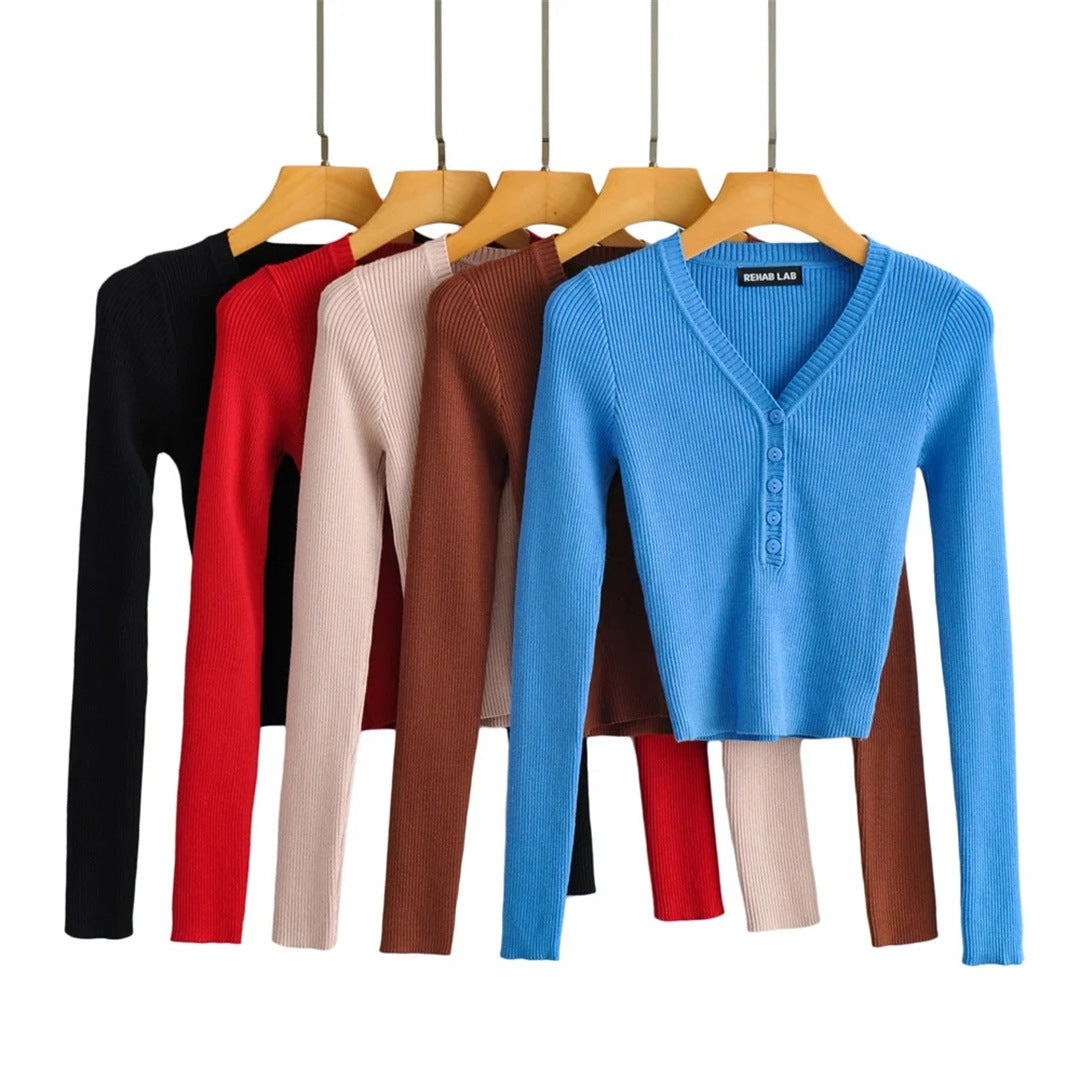 Fall Solid Color Sexy Deep V-Neck Half-Button Long Sleeve Knit Top for Women, High-Waisted Short Crop Bodysuit, Underwear Style
