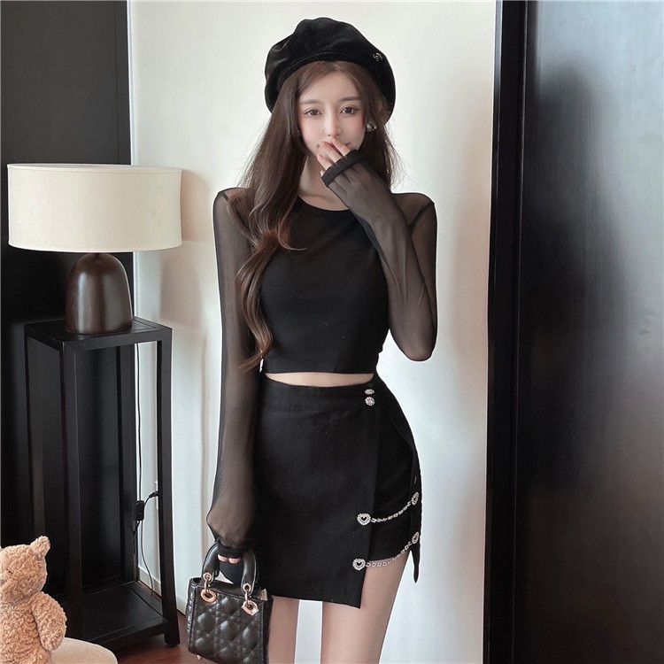 Seductive Sweet Spicy Mesh Panel Long Sleeve T-Shirt for Women High Waist Crop Top Sheer Underwear Style