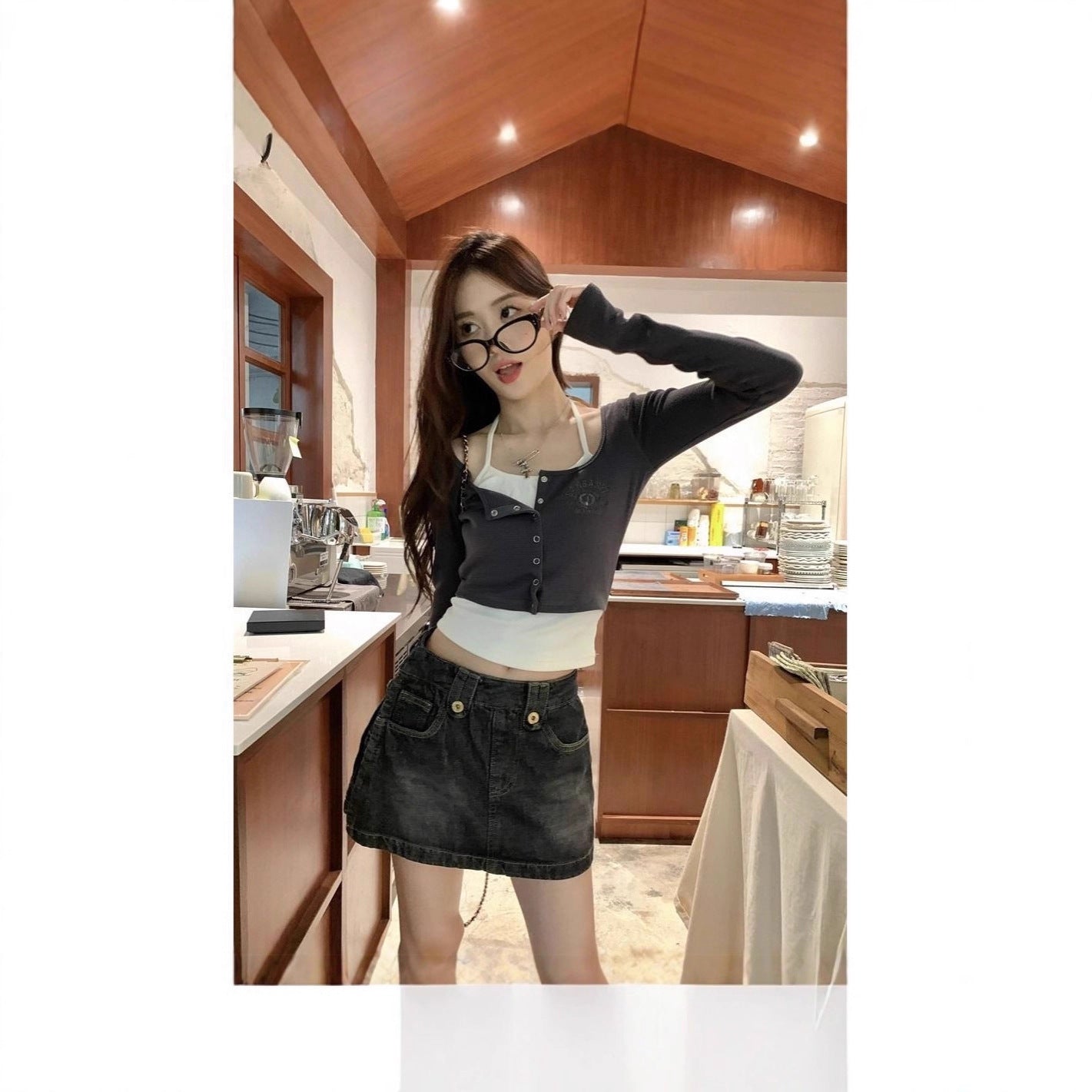 Chic False Two-Piece Crop Top for Women, Long Sleeve, Slim Fit, Bodycon, Short Length T-Shirt