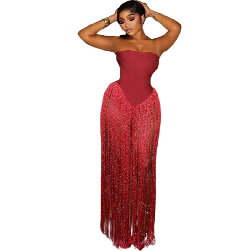 Backless high waisted slim fit strapless fringe jumpsuit