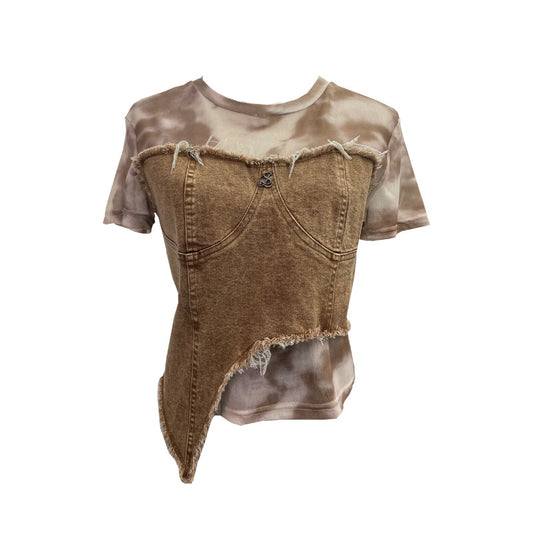 Denim Spliced Tie-Dye Mesh Fitted Irregular Fake Two-Piece Short Sleeve Top Crop T-Shirt