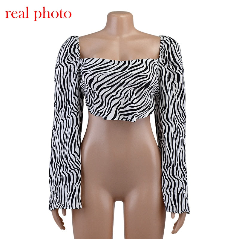 Cryptographic Zebra Print Elegant Sexy Backless Lace Up Blouses Women Fashion Autumn Club Party Long Sleeve Shirts Crop Tops