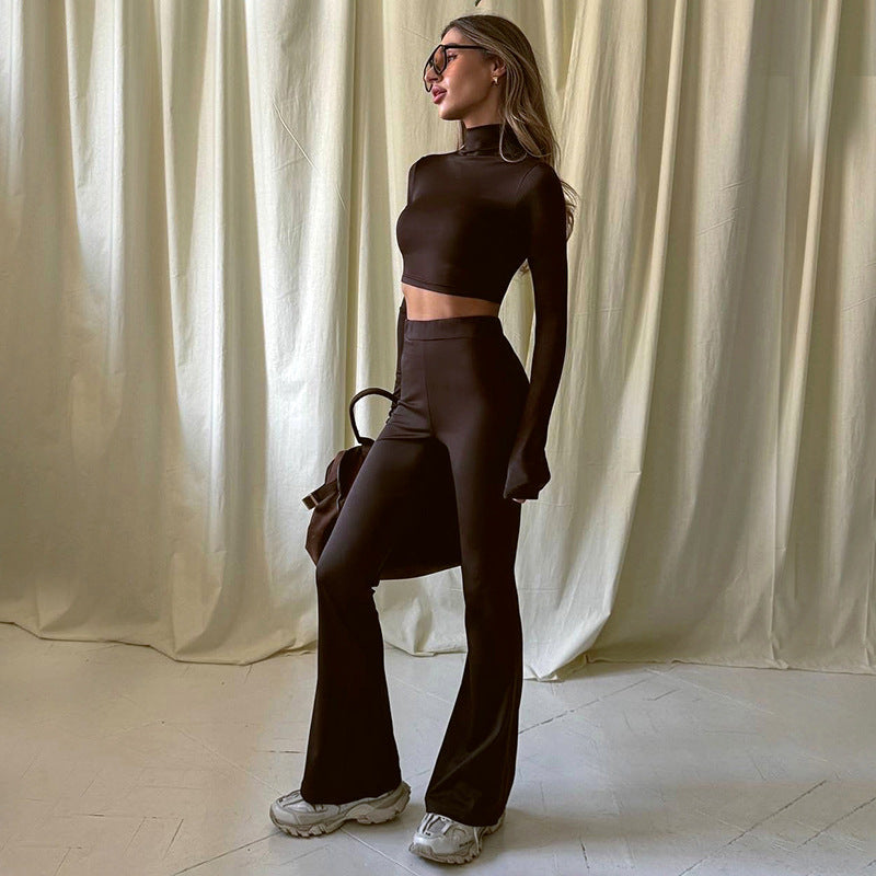 Autumn  Crew Neck Long Sleeve Crop Top with High Waist Flared Pants