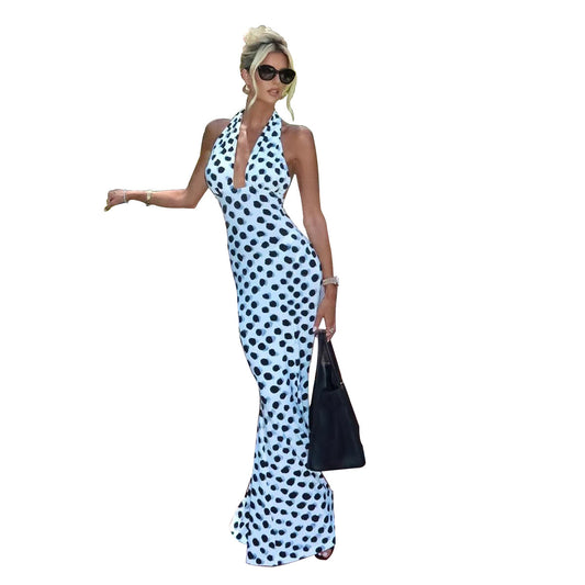 Backless hanging neck strap printed dress