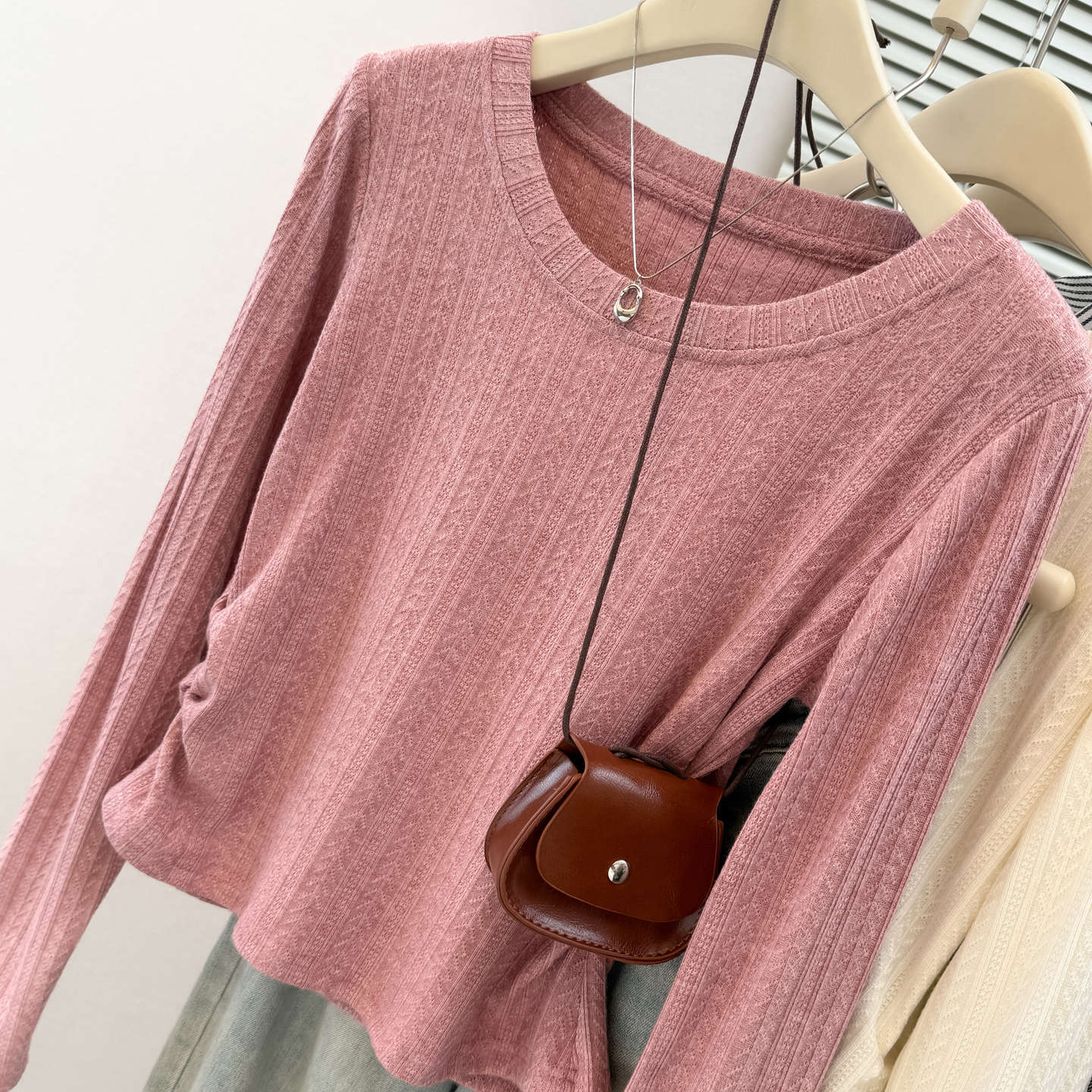 Solid Color Sweet &amp Spicy Pleated Fitted Long Sleeve T-Shirt for Women, Early Autumn Slim Fit Korean Style Crop Top