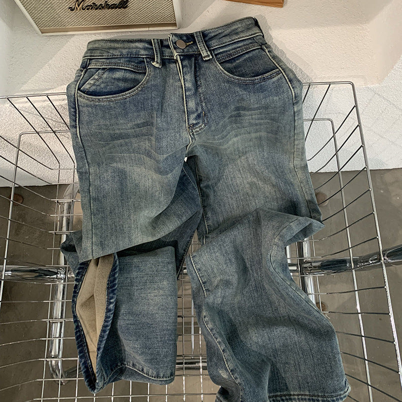 High-Waisted Loose Straight Leg Jeans for Women with Fleece Lining, Casual and Slim-Fitting Long Pants