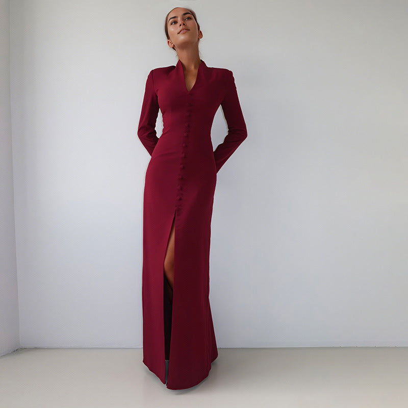 V-neck high waist slim fit and slimming slit dress