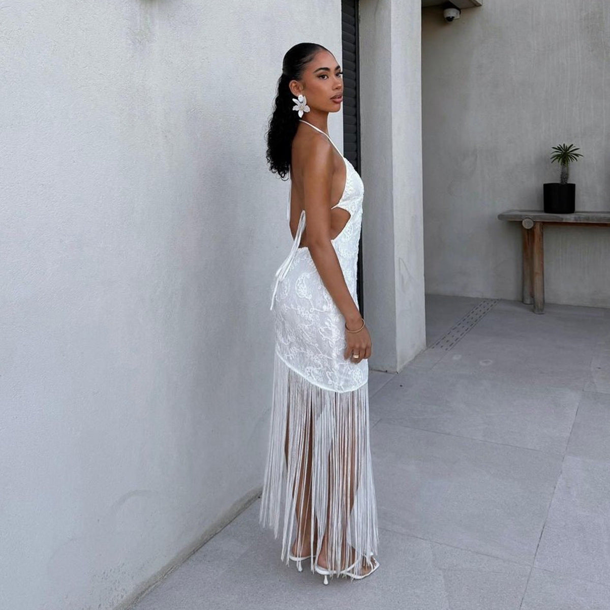 Tassel Jacquard Hanging Neck Dress for Women