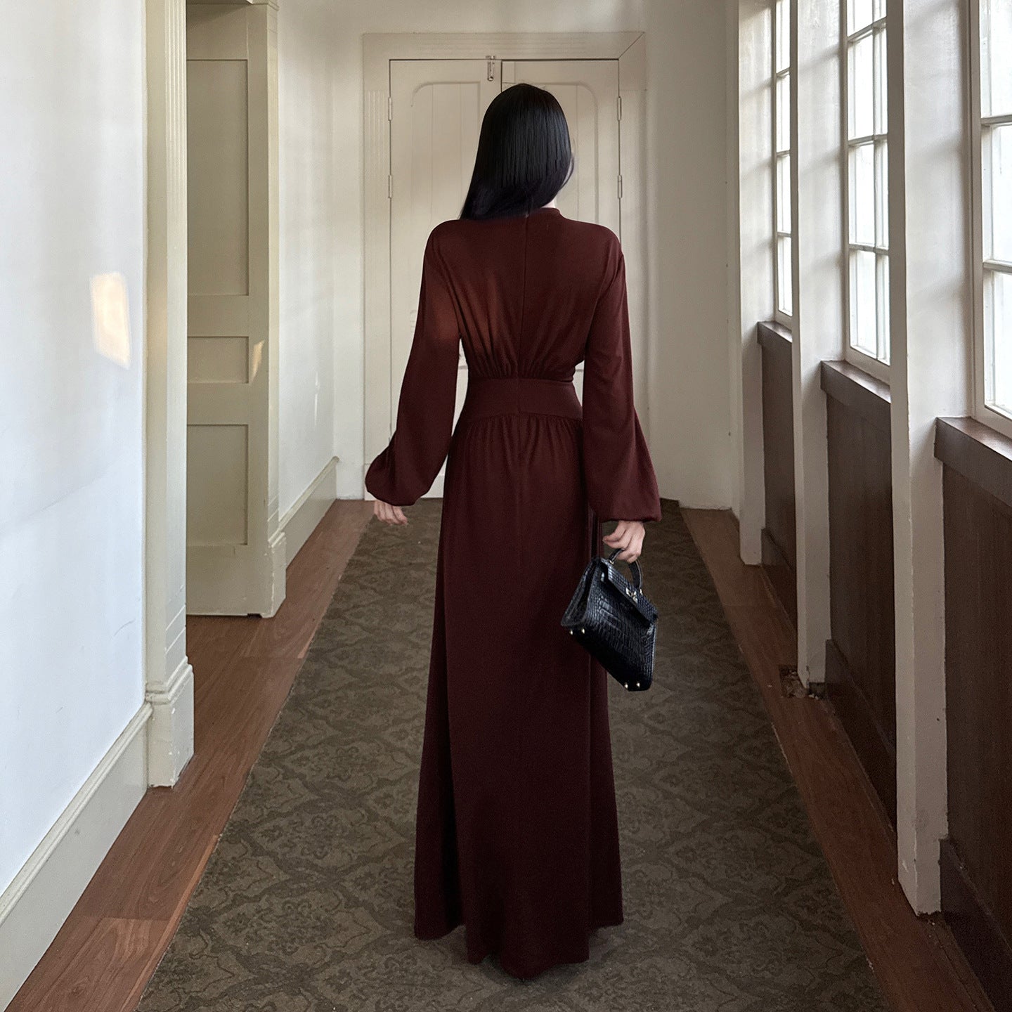 Half high collar waist cinched A-line dress