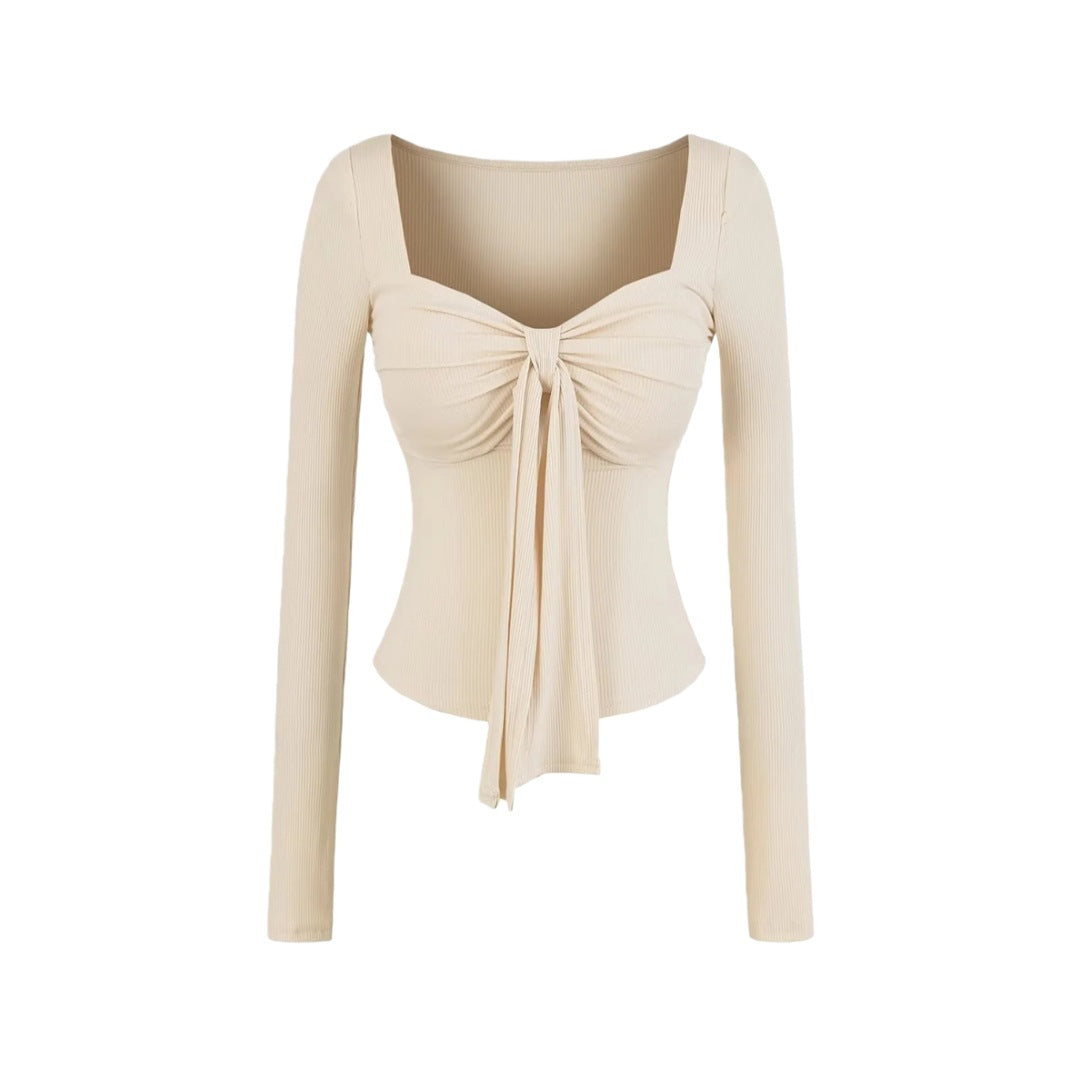 Sense Solid Color Padded Bow Knotted Long Sleeve T-Shirt Spring Sexy Crop Top with Ruched Fitted Design