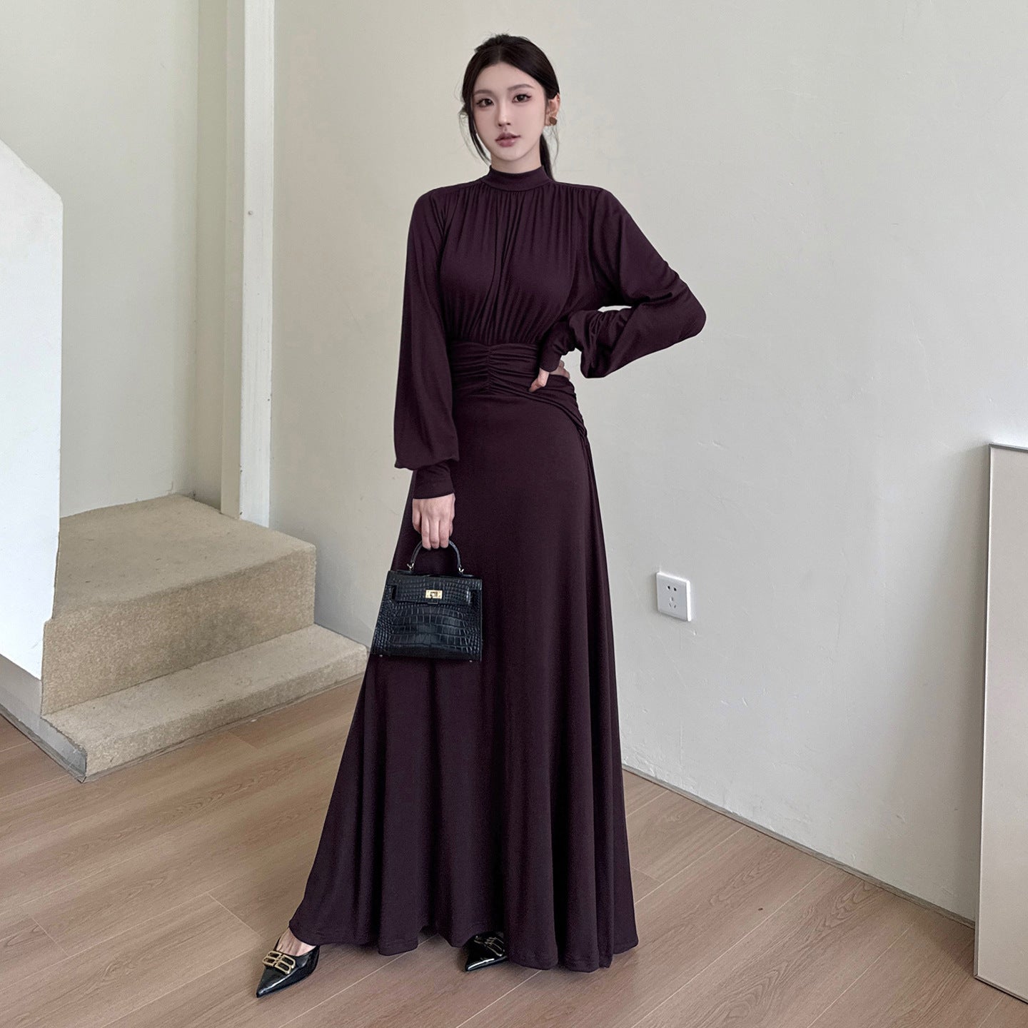 Folding Waist Long-Sleeve Dress