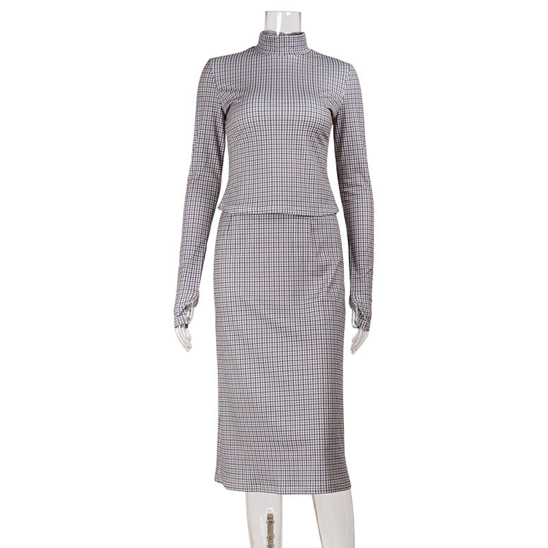 Checkered printed long sleeved top and skirt set