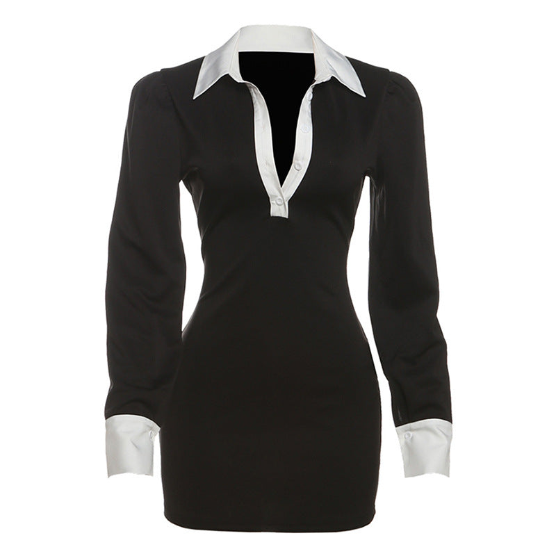 Color blocking slim fit hip hugging lapel button up shirt dress