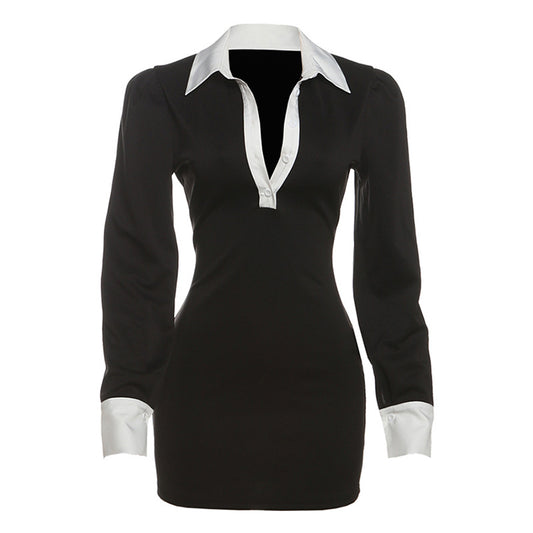 Color blocking slim fit hip hugging lapel button up shirt dress