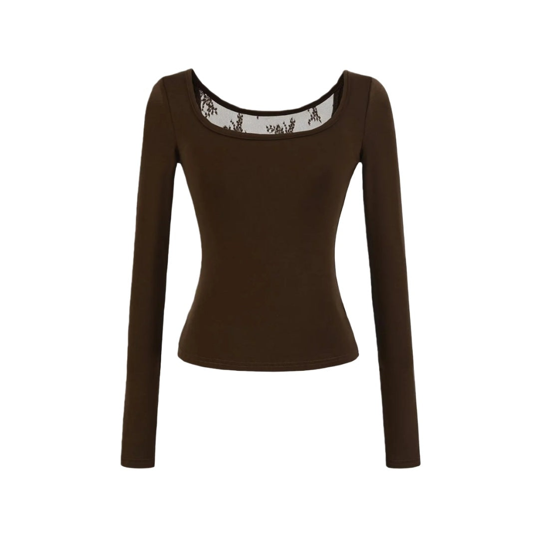 Spring Solid Color U-Neck Long Sleeve T-Shirt, Mature Style, Unique and Sexy Back Lace Cut-Out, Fitted Crop Top