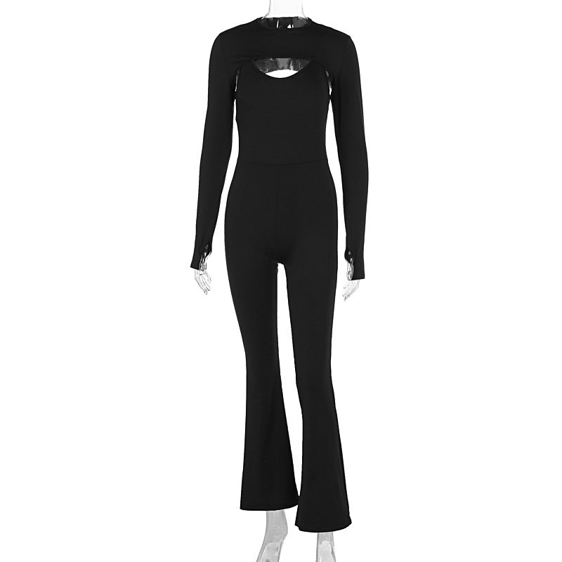 Fashion solid color long sleeved tight fitting suspender lifting jumpsuit two-piece set