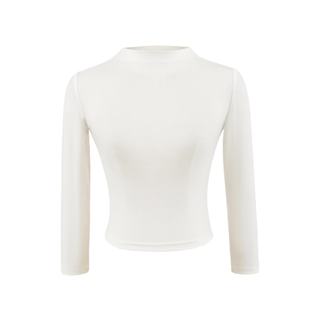 Style Semi-High Neck Sleeve Stretch Fitted T-Shirt for Women,Edgy Minimalist Solid Color Crop Top Underwear Shirt