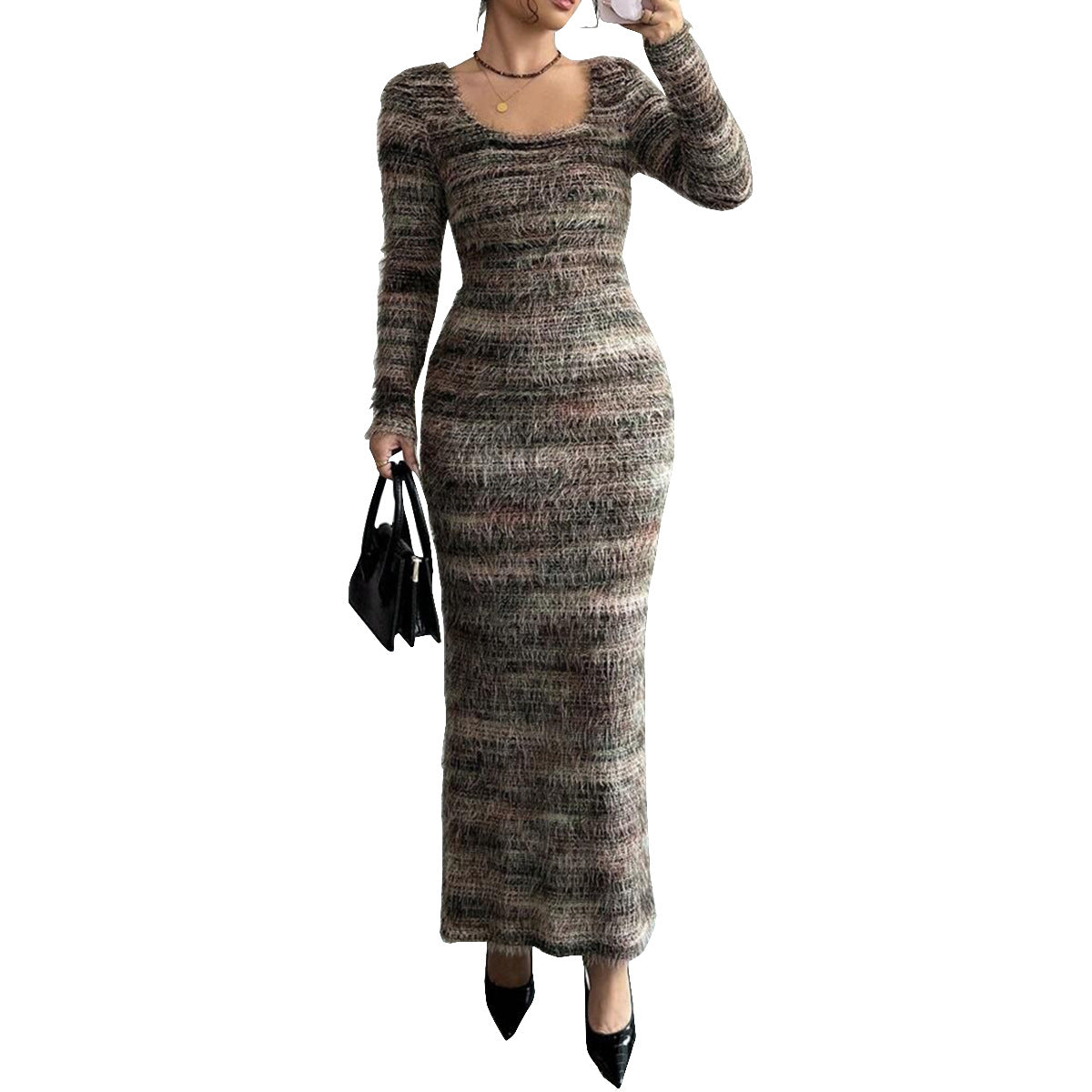 Slim fit slit round neck yarn dyed dress for women