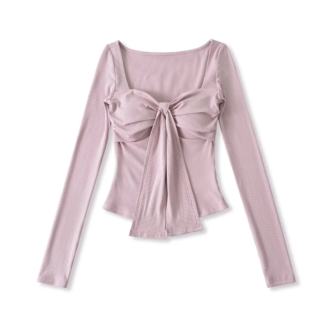 Sense Solid Color Padded Bow Knotted Long Sleeve T-Shirt Spring Sexy Crop Top with Ruched Fitted Design