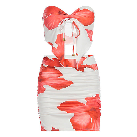 Printed sexy strapless lace up top with pleats hip hugging short skirt set