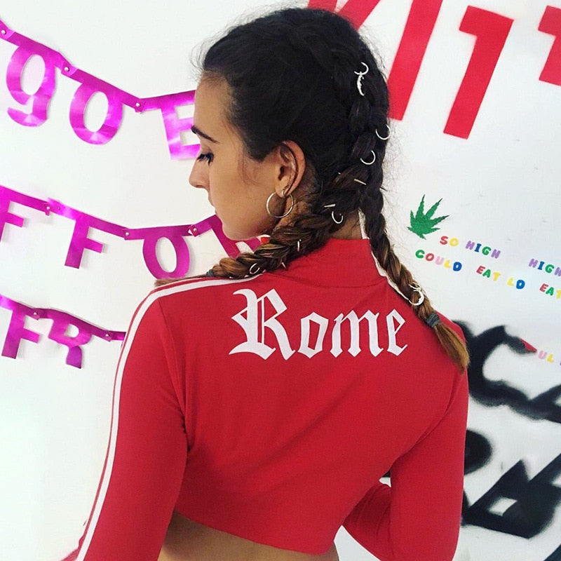 Women Turtleneck Sweatshirt Sexy Red Crop Tops Romeo Letter Printed Long Sleeve Autumn Tumblr Punk Cropped Sweatshirt Hoodies