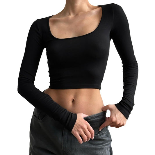 Round Neck Long Sleeve Fitted Crop Top T-Shirt