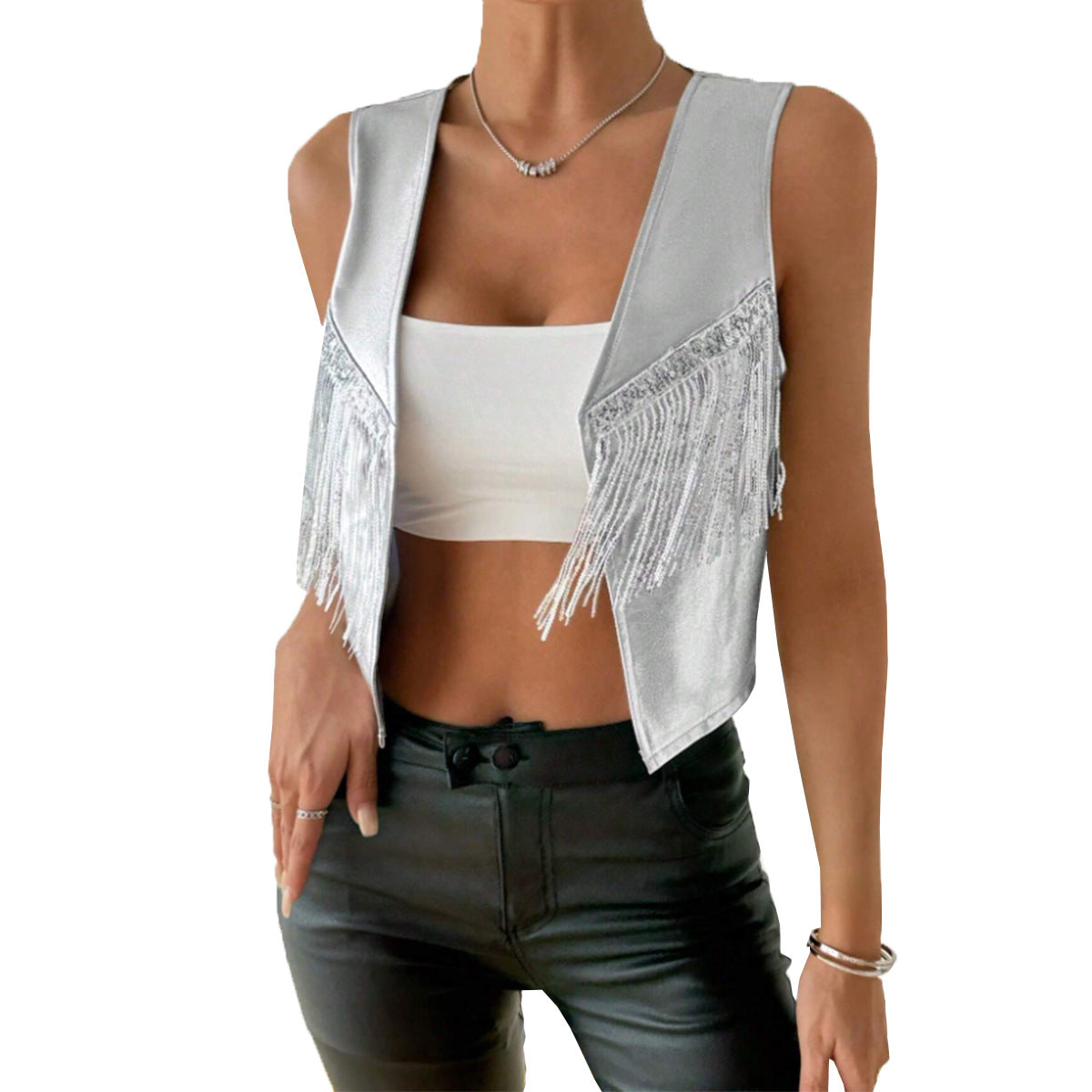 Tassel PU leather sleeveless vest women