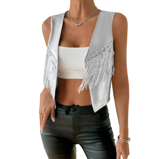 Tassel PU leather sleeveless vest women