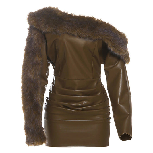 Slanted shoulder fur patchwork slim fit fur collar dress for women