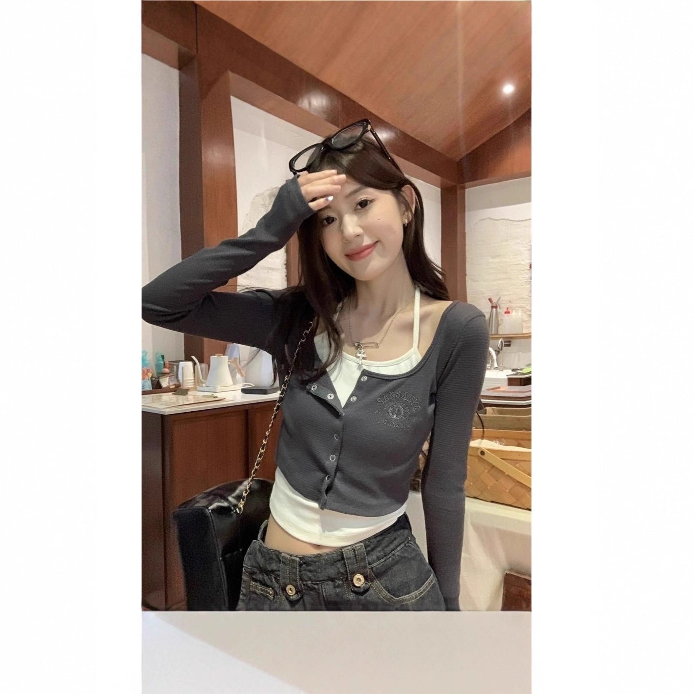 Chic False Two-Piece Crop Top for Women, Long Sleeve, Slim Fit, Bodycon, Short Length T-Shirt