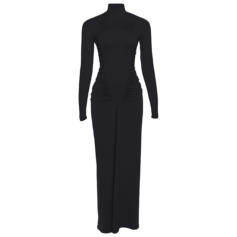 Slimming and slimming pleated long sleeved dress