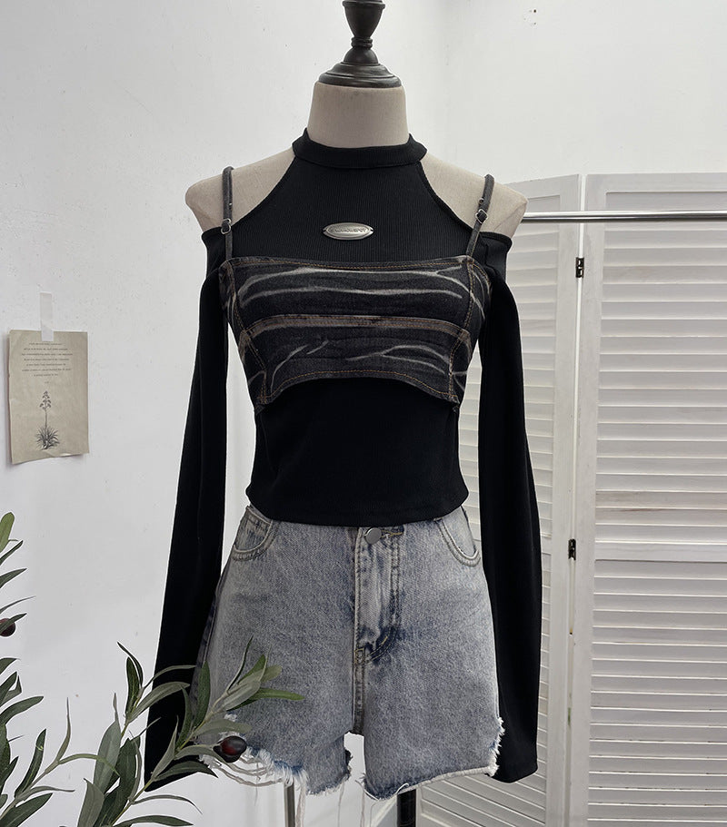 Sexy Fitted Long Sleeve T-Shirt with Strapless Design and Denim Short Crop Top