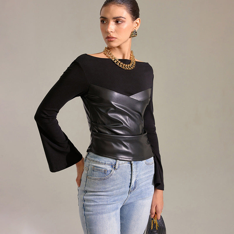 Women's Autumn New Round Neck Knit Crop Top with Gathered Leather Splicing Flared Sleeve