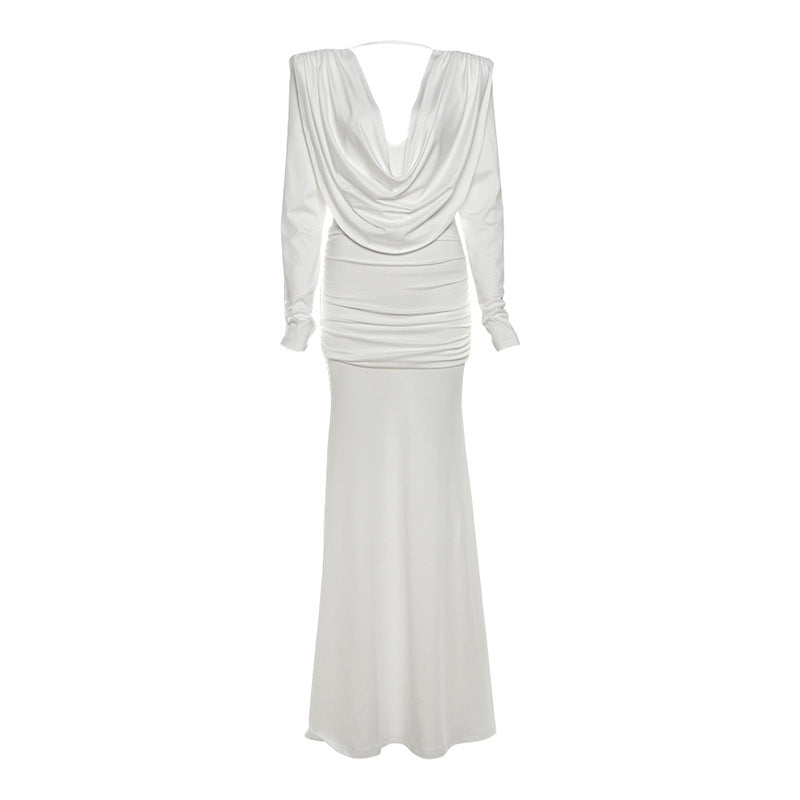 Backless swing collar slim fit pleated solid color long sleeved dress