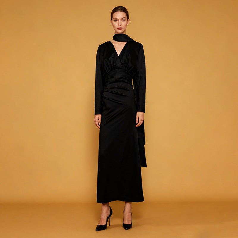 Collar+V-neck design slim fit pleated waist long skirt