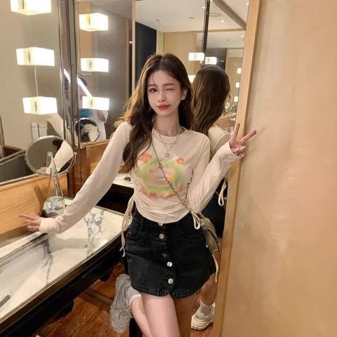 Cute Bear Print Long Sleeve T-Shirt for Women, Fitted Slim Fit Crop Top
