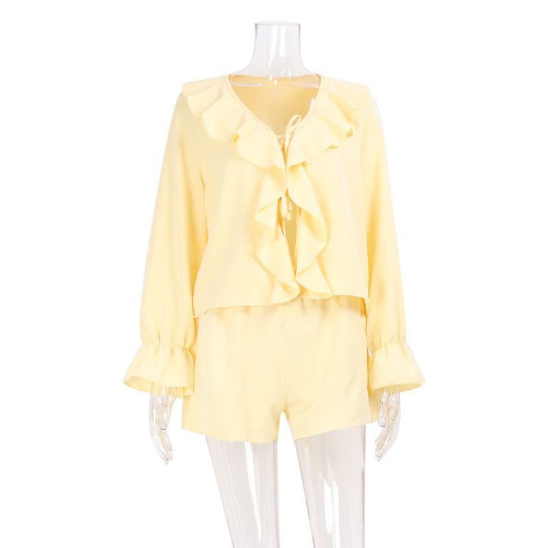 V-neck loose ruffle edge tied top and shorts two-piece set