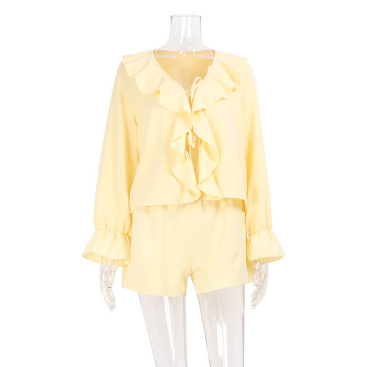 V-neck loose ruffle edge tied top and shorts two-piece set