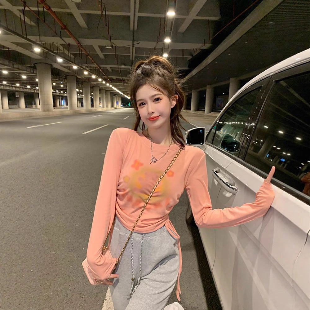 Cute Bear Print Long Sleeve T-Shirt for Women, Fitted Slim Fit Crop Top