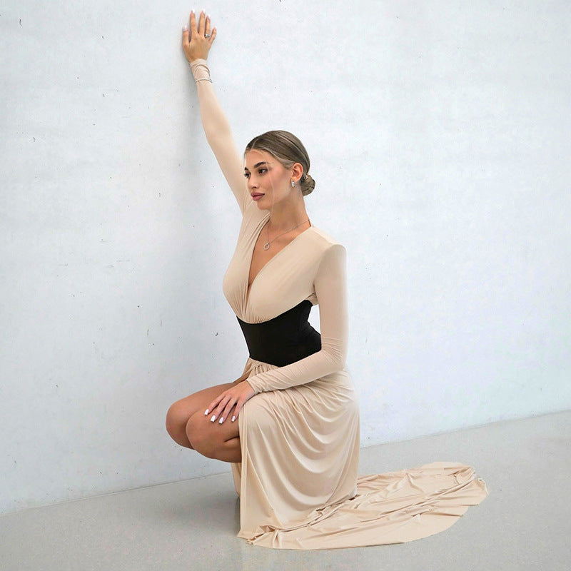 Women's Simple Long Sleeve Color-Blocking Spliced High-Slit Maxi Dress