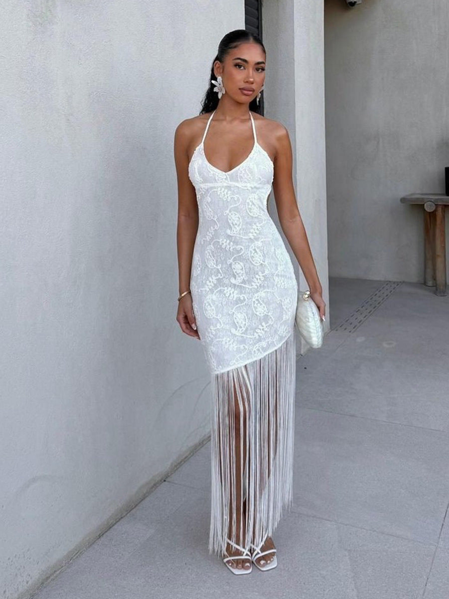 Tassel Jacquard Hanging Neck Dress for Women
