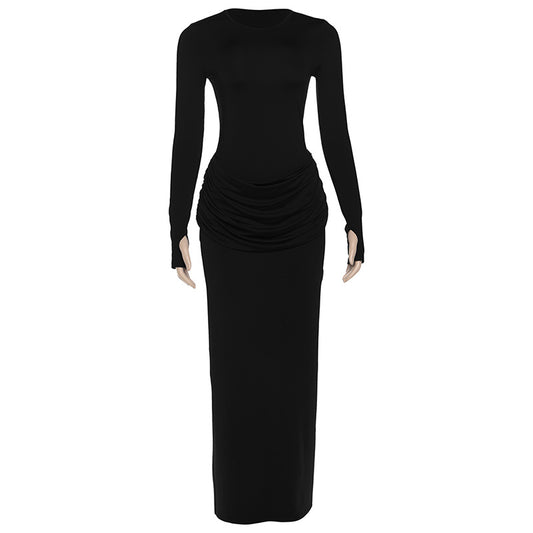 Slim fit round neck solid color pleated long sleeved dress for women
