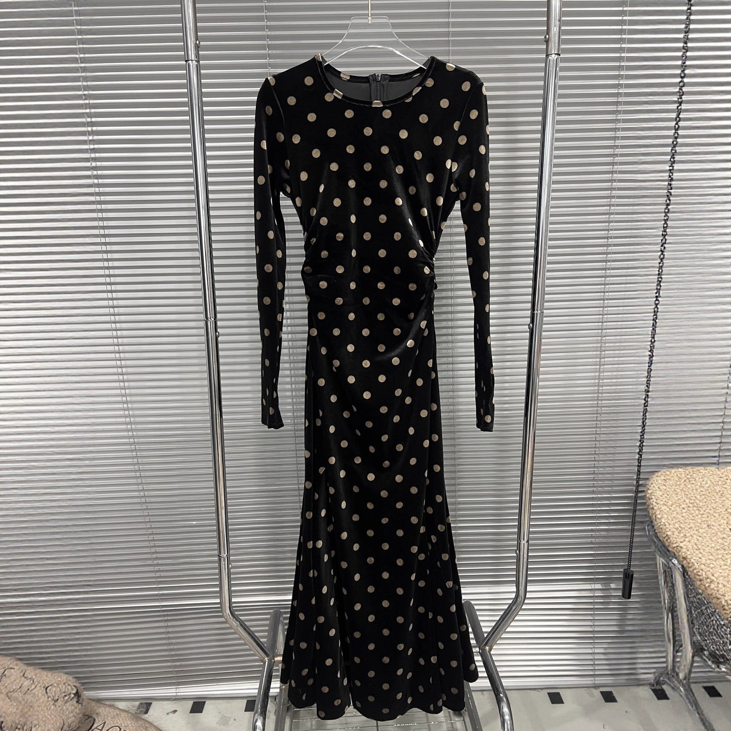 Black velvet polka dot long sleeved dress