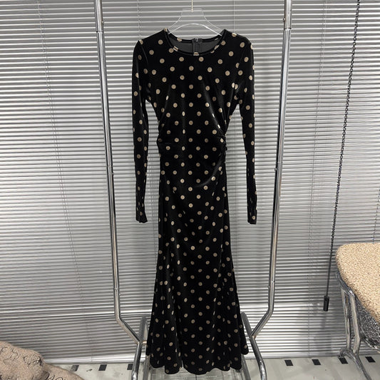 Black velvet polka dot long sleeved dress