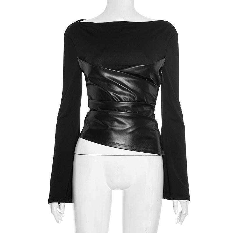 Women's Autumn New Round Neck Knit Crop Top with Gathered Leather Splicing Flared Sleeve