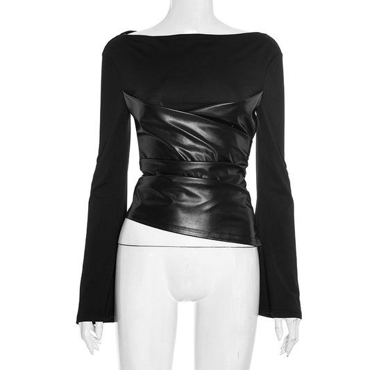Women's Autumn New Round Neck Knit Crop Top with Gathered Leather Splicing Flared Sleeve