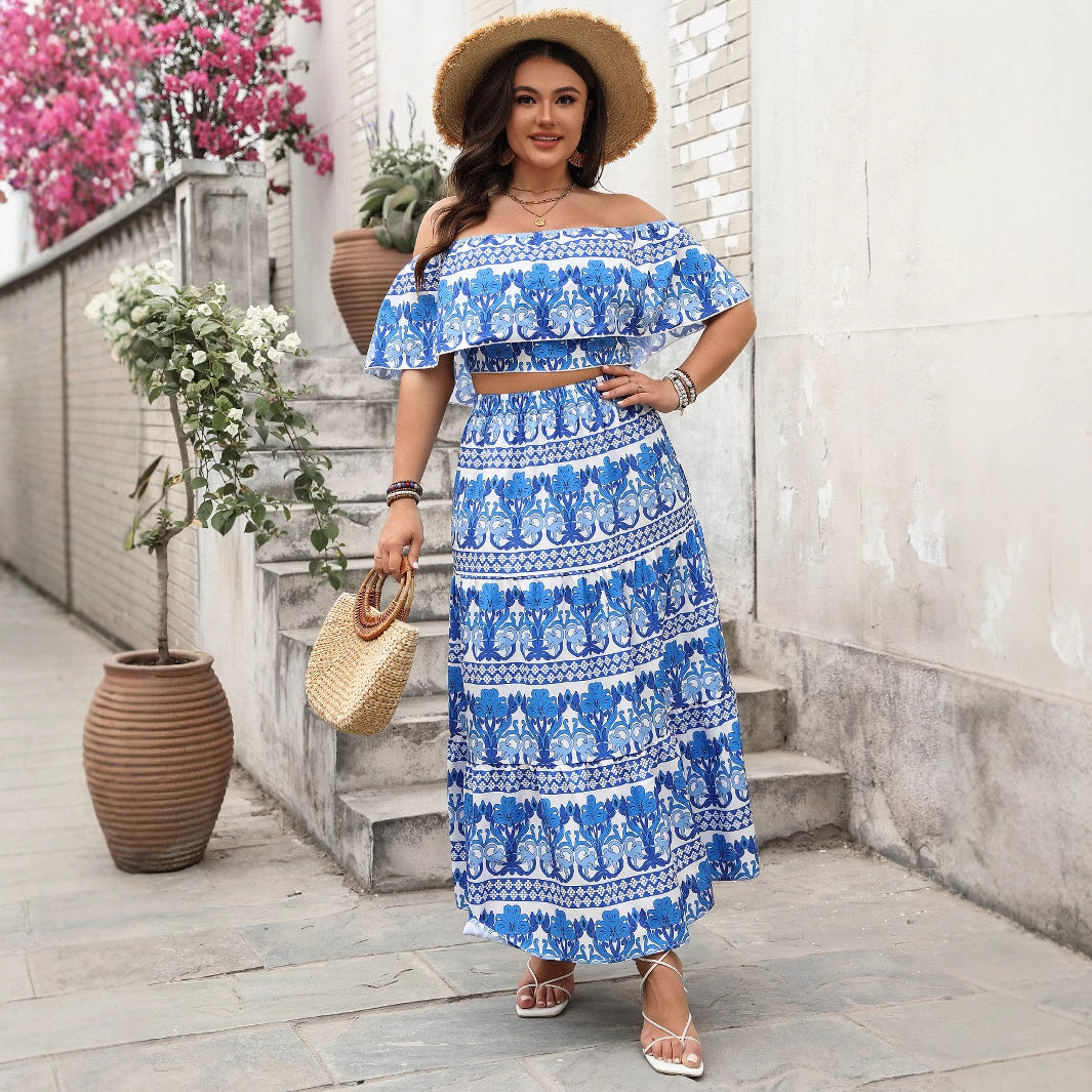 Spring Summer Women's Foreign Trade Holiday Leisure Printed One-Shoulder Crop Top Long Skirt Set