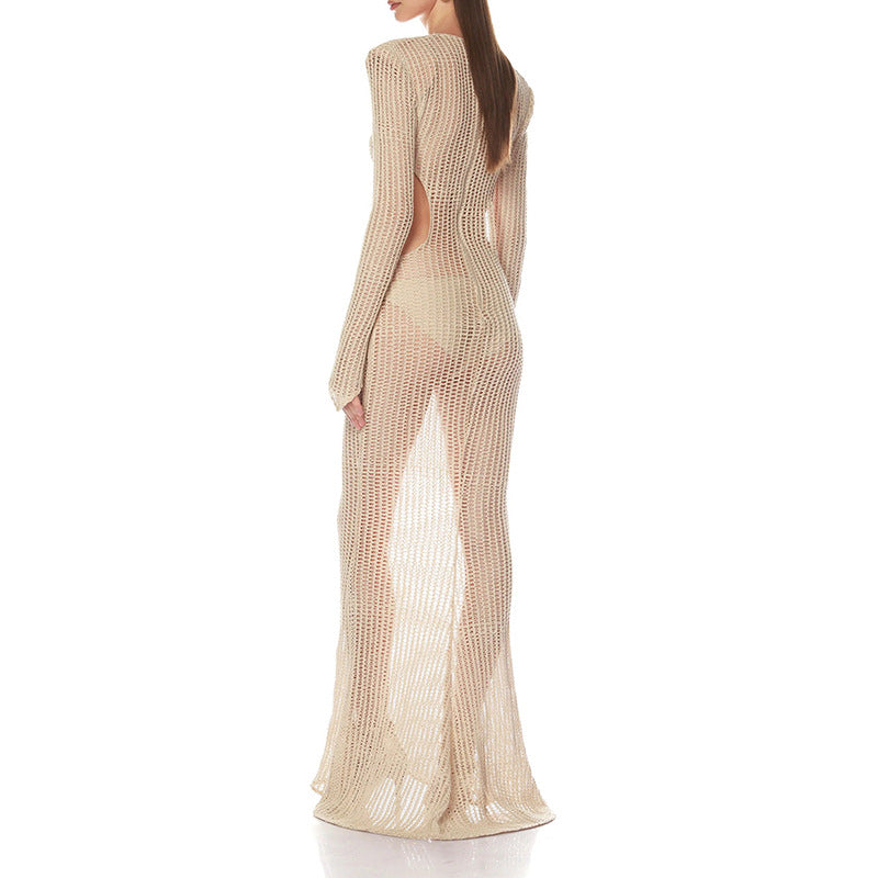 Fashion Sexy Cover-Up Long Dress for Women, Deep V-Neck Elegant Hollow-Out Waist-Baring Long Sleeve Dress