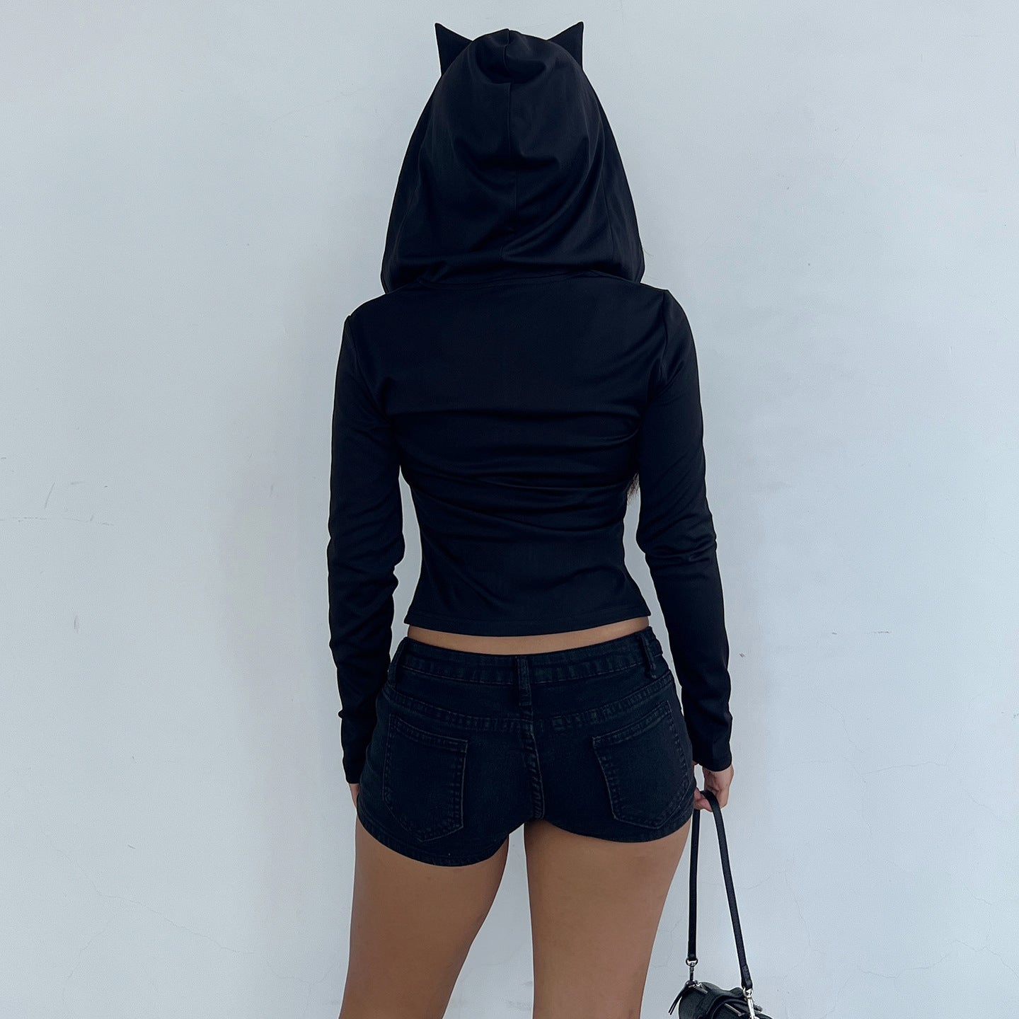 Sexy Street Style Devil Hooded Slim Fit Short Crop Long Sleeve T-Shirt Solid Color Versatile Casual Basic Top